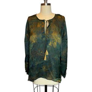 Johnny Was Workshop 100% Silk Boho Peasant Blouse Green Blue Tassel Top L